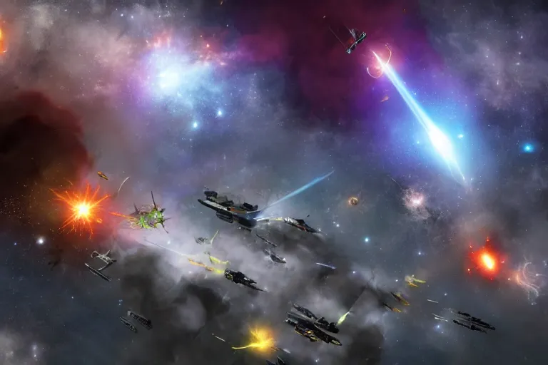 Prompt: Epic space battle with many different ships fighting, a large freighter is broken in half and smoking, nebula in the background - n 9