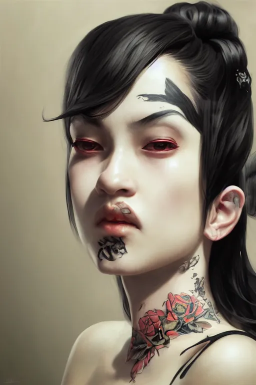 Prompt: portrait of goth yakuza girl with tattoo, highly detailed, digital art from artstation by Ruan Jia and Mandy Jurgens and Artgerm and william-adolphe bouguereau