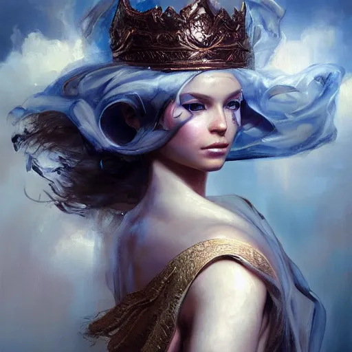 Image similar to a painting of a cloud goddess with a veil on her head, a hyperrealistic painting by Raymond Swanland, featured on cgsociety, fantasy art, daz3d, artstation hd, hyper-realistic