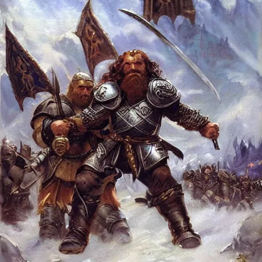 Image similar to Dwarven iron guard fighting a dragon. Thorin. The lord of the rings. Epic painting by james gurney.