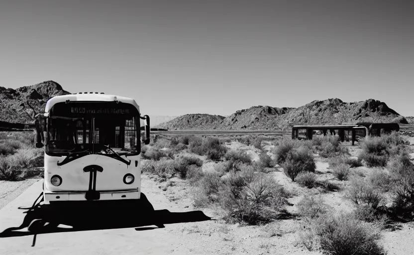 Prompt: a bus in the desert, photography