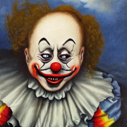 Prompt: A portrait of a crying clown with clouds on the background