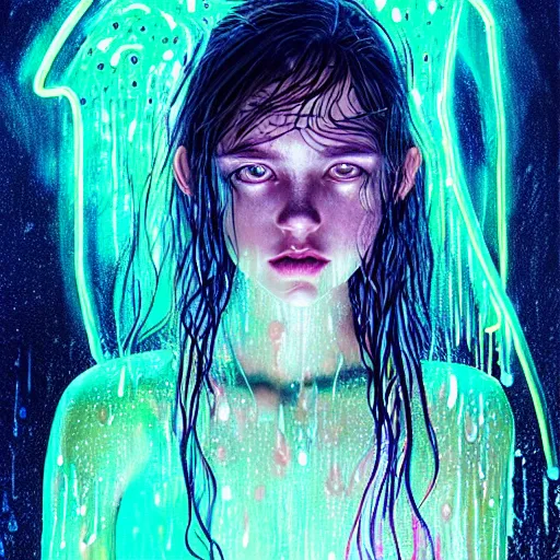 Image similar to portrait of a girl in the glowing neon rain with wet hair and face, fantasy, intricate, elegant, dramatic lighting, emotionally evoking symbolic metaphor, highly detailed, lifelike, photorealistic, digital painting, artstation, concept art, smooth, sharp focus, illustration, art by John Collier and Albert Aublet and Krenz Cushart and Artem Demura and Alphonse Mucha