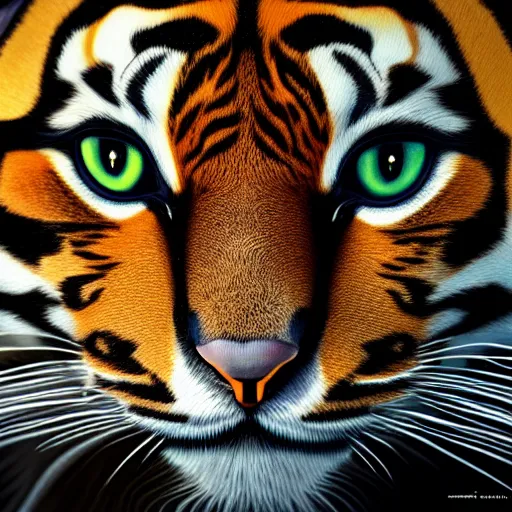 Prompt: an oil painting of floppa with the pattern of tigers fur, tiger stripes, domestic caracal, cat, strong, dramatic impactful colors, by artgerm, hd, hdr, ue 5, ue 6, unreal engine 5, cinematic 4 k wallpaper, 8 k, ultra detailed, gta 5 cover art, high resolution, artstation, award winning