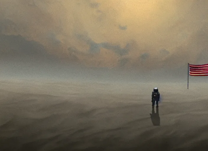 Image similar to astronaut holding a flag in an underwater desert. a submarine is visible in the distance. dark, concept art, cinematic, dramatic, atmospheric, 8 k, trending on artstation, blue, low visibility, fog, ocean floor, christopher nolan, interstellar