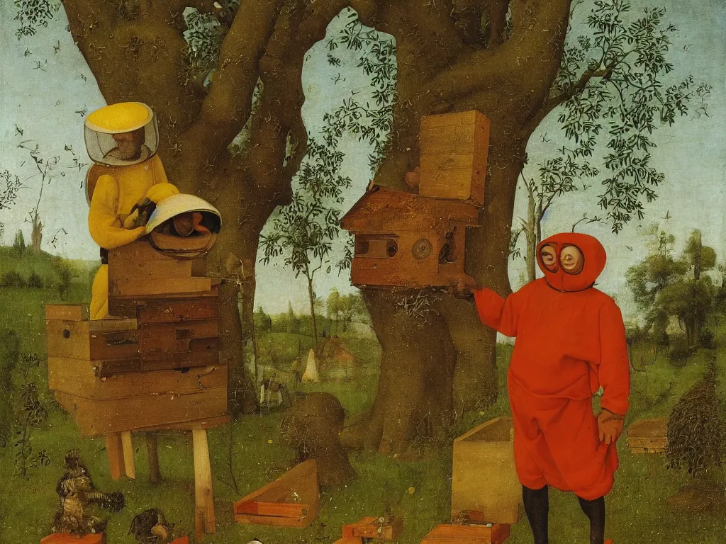 Image similar to portrait of man in beekeeping suit with a creature. painting by bosch, maria sybilla merian, codex seraphinianus, agnes pelton