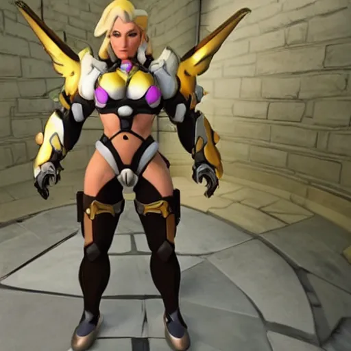 Image similar to a screenshot of arnold schwarzenegger as mercy in overwatch, full body shot