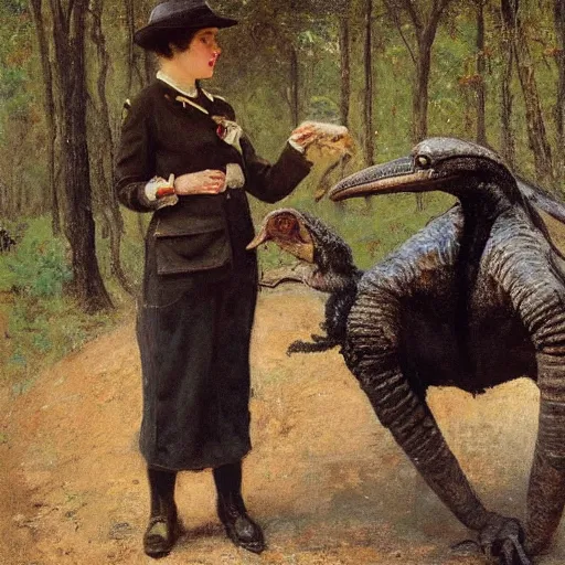 Prompt: female park ranger petting a veloceraptor by alfred stevens