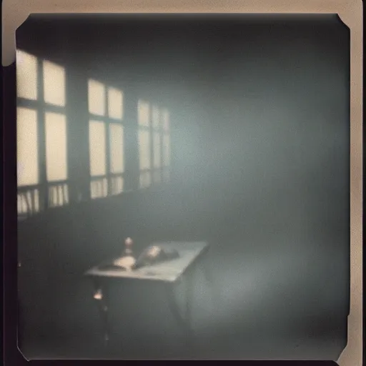 Image similar to you are lost in the backrooms, ghost, polaroid, laminal space, foggy