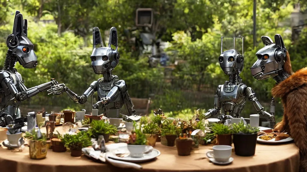 Image similar to film still from the movie chappie of the robot chappie shiny metal outdoor park plants garden scene bokeh depth of field several figures sitting down at a table having a tea party furry anthro anthropomorphic stylized cat ears wolf muzzle head android service droid robot machine fursona