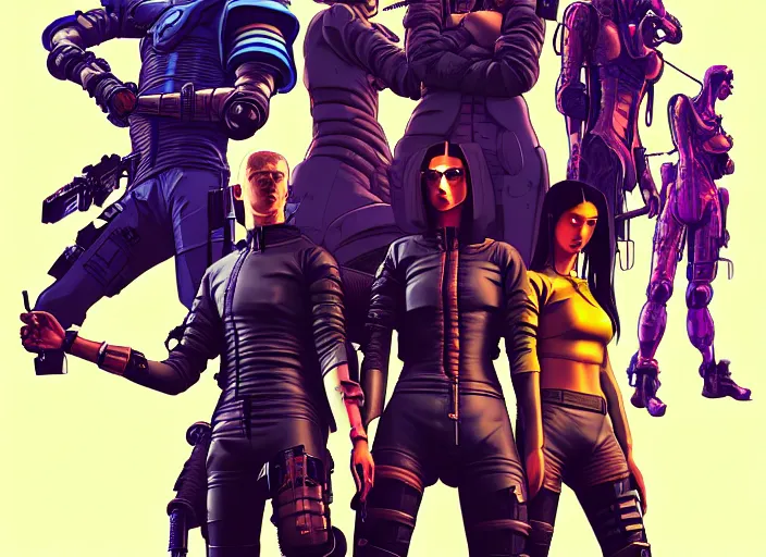 Image similar to cyberpunk samurai squad. portrait by stonehouse and mœbius and will eisner and gil elvgren and pixar. character design. realistic proportions. cyberpunk 2 0 7 7 character art, blade runner 2 0 4 9 concept art. cel shading. attractive face. thick lines. the team. diverse characters. artstationhq.