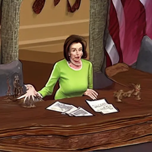 Image similar to Nancy Pelosi as Smaug guarding her pile of treasure