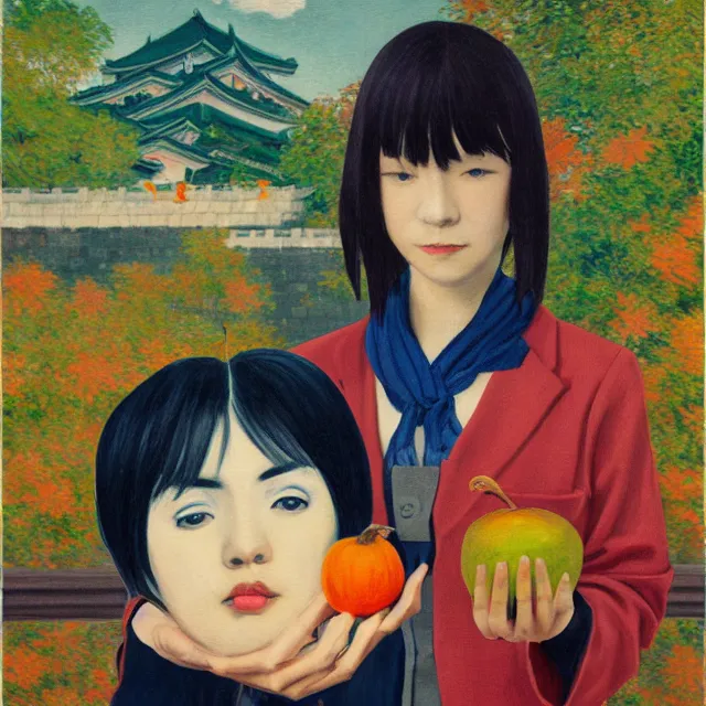 Prompt: tall emo girl artist holding small portraits and a persimmon on a train, on shinkansen in japan, odawara station, odawara castle, autumn leaves, pigs, octopus, acrylic on canvas, surrealist, by magritte and monet