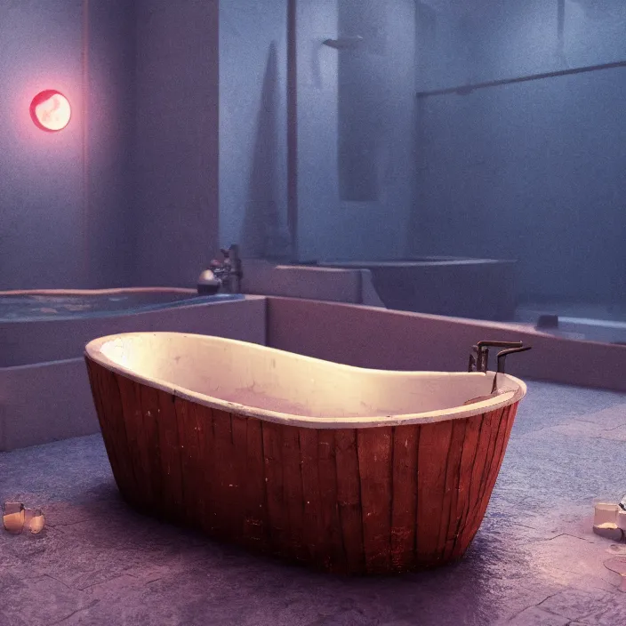 Image similar to a nymp swimming in a wooden tub while it's blood moon, au naturel, digital art, trending in artstation, cinematic lighting, studio quality, unreal engine 5 rendered