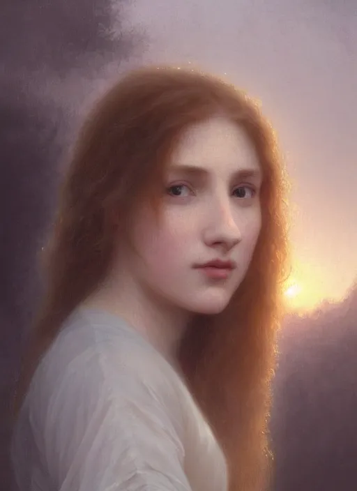 Image similar to oil painting close up portrait of a contemplative young irish woman with long redhead flowing hair in a dress made of white roses!! at sunset, hazy, digital art, chiaroscuro, artstation, cinematic, golden hour, digital art painting by greg rutkowski, william - adolphe bouguereau, foggy atmosphere, cinematic lighting