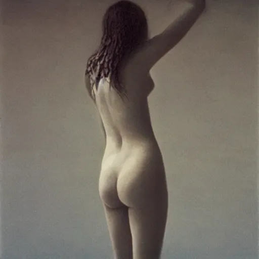 Prompt: a woman posing, wearing a white bra and white panties, feeling of surrender, by Zdzislaw Beksinski and Marat Safin