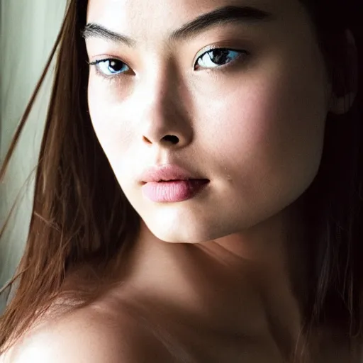 Image similar to a masterpiece portrait photo of a beautiful young woman who looks like an asian margot robbie, symmetrical face