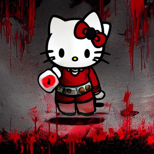 Image similar to hello kitty drenched in blood in a post - apocalyptic dystopian destroyed cityscape, digital art, artstation, high resolution