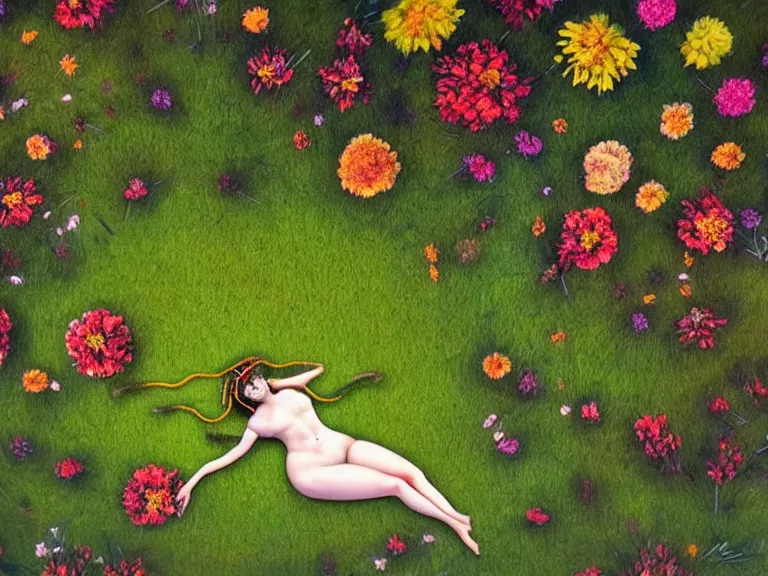 Prompt: abstract painting of drone view on a lawn full of flowers among forest with a detailed girl laying on the grass with hairs weaved into the grass and grass forms a circled braid around her body. her soul is seemed in air connected to the soul of nature around her. in caravaggio style