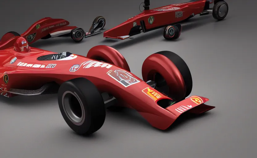 Image similar to still of a retro futuristic ferrari formula 1 car inspired by f 1 2 0 2 1 concept, blender, 8 k, artstation, highly detailed, intricate, ray tracing, octane 3 d,