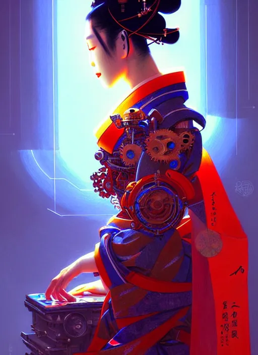 Image similar to beautiful japanese geisha wearing vr eyepiece, robotic, android, cyborg, cyberpunk face, steampunk, fantasy, intricate, elegant, highly detailed, colorful, vivid color, digital painting, cool mixed warm lighting, artstation, concept art, art by artgerm and greg rutkowski and ruan jia,