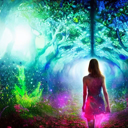 Image similar to a photo of beautiful girl walking through the astral plane mushroom forest using the gem of souls and life 4 k