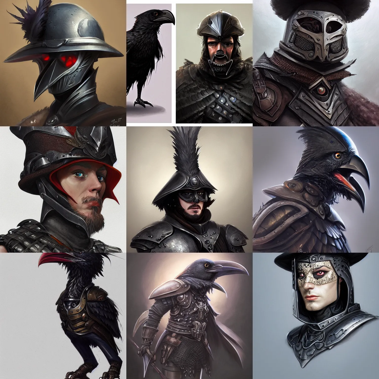 Prompt: anthropomorphic raven knight, iron armor, pork pie hat, portrait, d & d, fantasy, highly detailed, digital painting, trending on artstation, concept art, sharp focus, illustration, art by artgerm and greg rutkowski and magali villeneuve