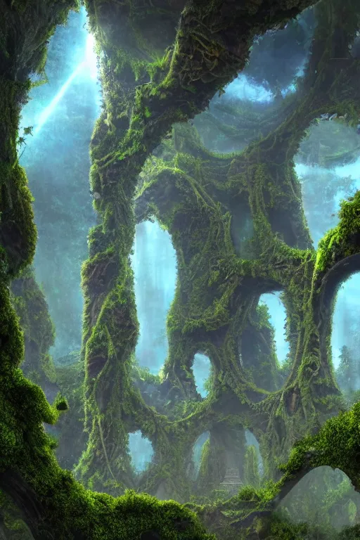 Prompt: ancient fractal temple deep in the future - megastructure in the hanging gardens of a radiant forest jungle, overgrown garden, scanned earth terrain fractal bridges, highly detailed erosion algorithm landscape, by albert bierdstat, by glenn small, high resolution, 8 k photorealism, populated by luminous beings, god rays in volumes of fog, looking up perspective