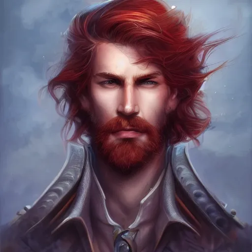 Prompt: rugged ship captain, male, handsome, red hair, long hair, handsome, fantasy, intricate, elegant, highly detailed, piercing eyes, steampunk, digital painting, artstation, concept art, character art, smooth, sharp focus, illustration, art by artgerm
