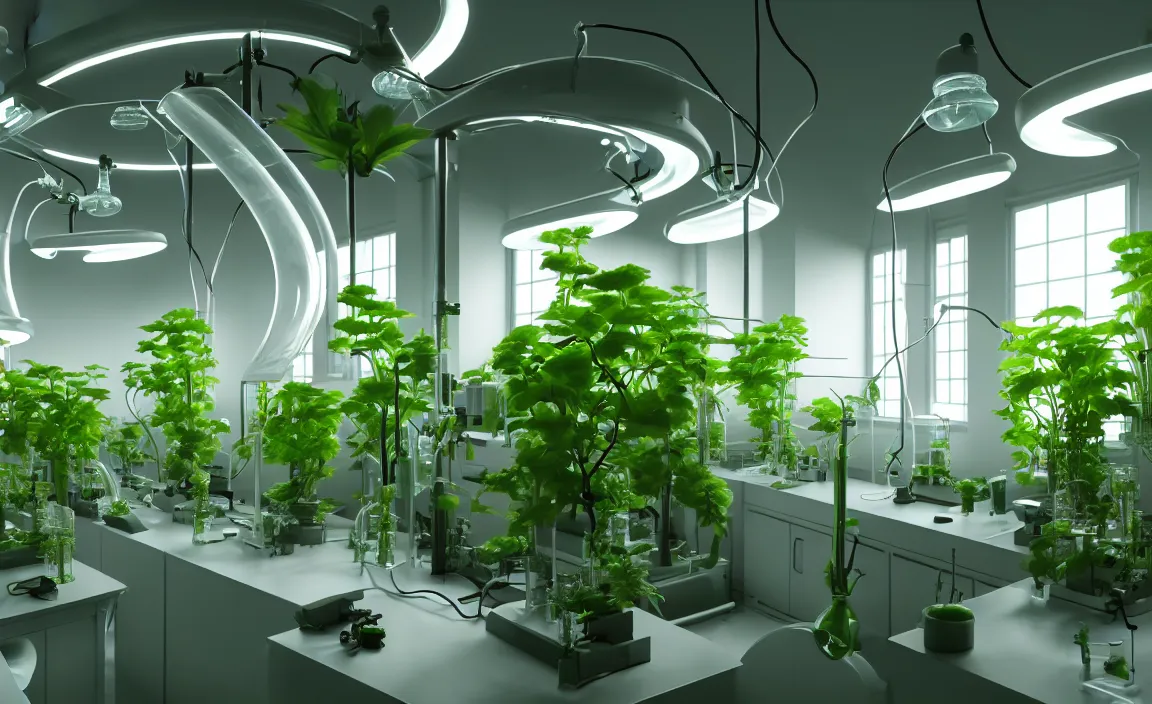 Image similar to plant laboratory, beautiful hydroponics flower, research office, incandescent lamp, futuristic. game cg, hyperdetailed, trending on cgsociety