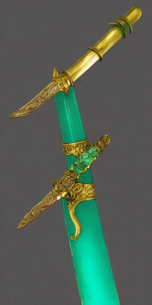 Image similar to photograph of a wide green and teal crystal sword with a big gold sword hilt