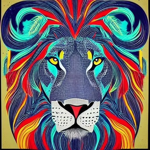 Image similar to “painted lion, dotart, album art in the style of James Jean”