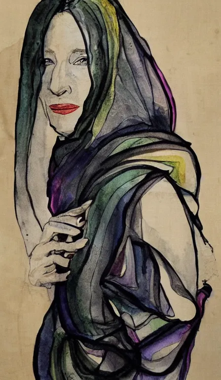 Image similar to cate blanchett , hanging scroll, ink and colours on silk,