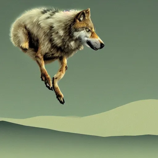 Prompt: wolf leaping over a sheep, green tone, digital art