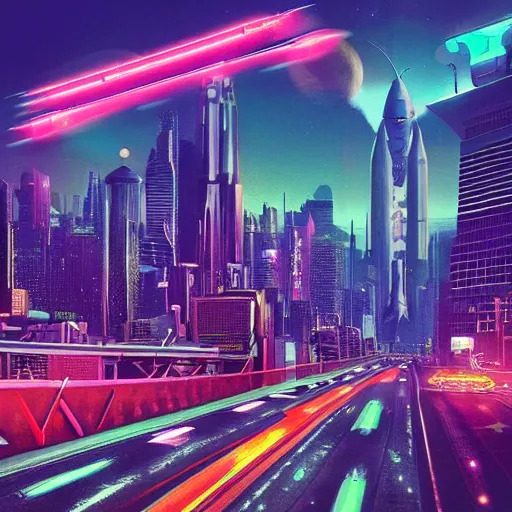 Prompt: “Sci fi city, rockets, neon colors, Highways, buildings, robot people, strange planets in the background, cool shapes, 8K, Hyper realistic”