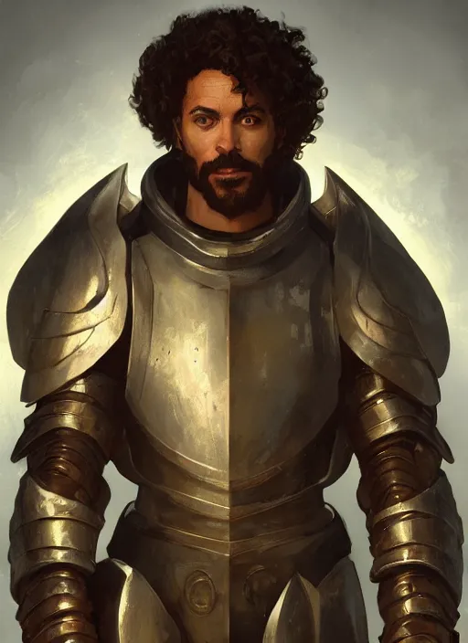 Prompt: medium-length portrait of a male paladin with short curly hair and a dark beard, dark brown skin, happy expression, wears a suit of power armor, medieval setting, highly detailed, digital painting, artstation, concept art, sharp focus, illustration, art by greg rutkowski and alphonse mucha