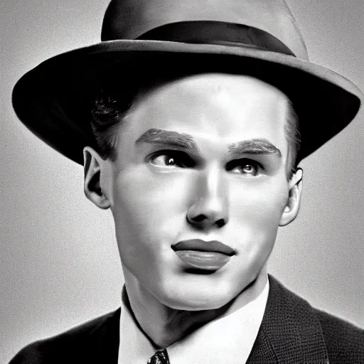 Image similar to A photograph portrait of Jerma985 wearing a suit with and fedora in the 1950s, taken in the early 1950s, grainy, taken on a 1950s Kodak Camera, realistic, hyperrealistic, very realistic, highly detailed, very detailed, extremely detailed, detailed, digital art, trending on artstation