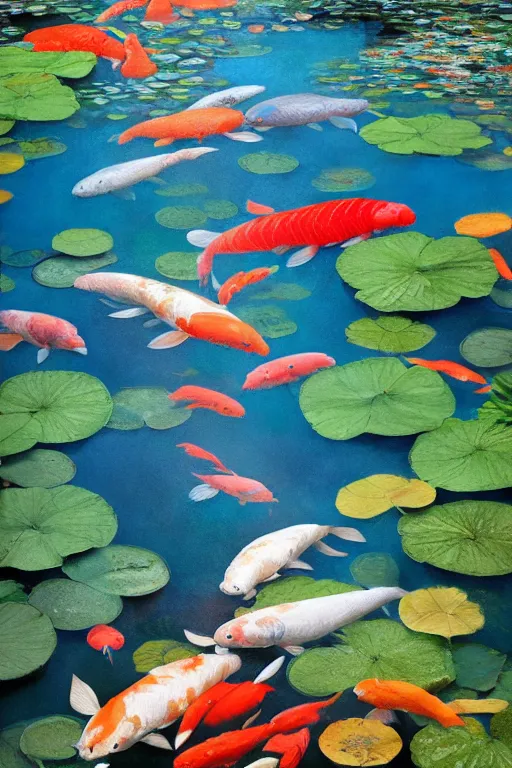 Image similar to nenufar in a pond surrounded by koi carp, colorful, blue backgroung,clean, joyful, intricate, elegant, volumetric lighting, scenery, digital painting, highly detailed, artstation, sharp focus, illustration, concept art, ruan jia, steve mccurry