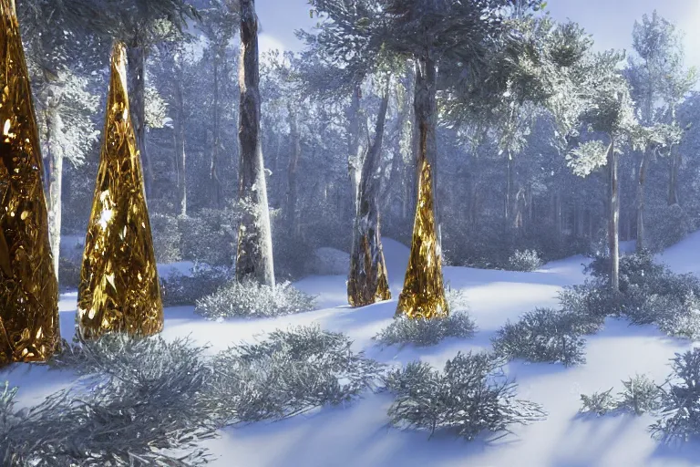 Image similar to crystalized forest with gilded trees and jeweled flowers by unreal engine, photorealistic