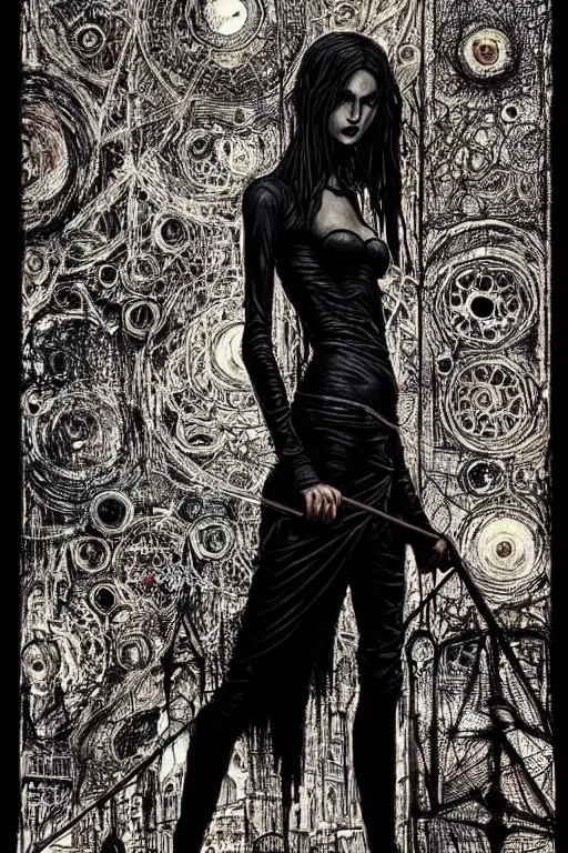Prompt: dreamy gothic girl, black leather slim clothes, impressive and unprincipled, wonderful slim body, detailed acrylic, grunge, intricate complexity, by dan mumford and by alberto giacometti, peter lindbergh