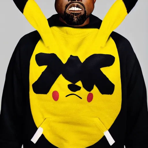 Image similar to Kanye West in a yellow pikachu! hoody, Studio Photograph, portrait C 12.0