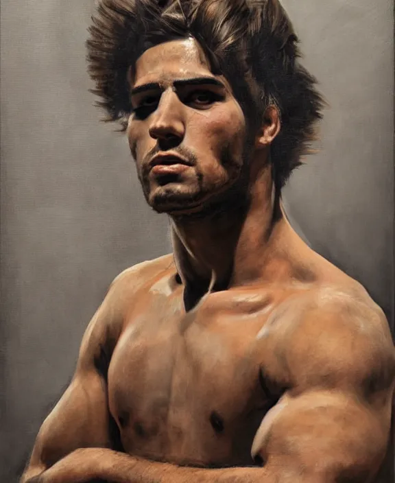 Image similar to portrait of a handsome young spanish wrestler, art by denys tsiperko and bogdan rezunenko, hyperrealism