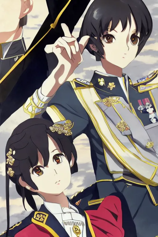 Image similar to key visual concept art, portrait of a stately anime girl wearing formal military dress uniform saluting at a full honors military funeral, somber, rule of thirds golden ratio, fake detail, trending pixiv fanbox, acrylic palette knife, style of shinkai makoto studio ghibli genshin impact