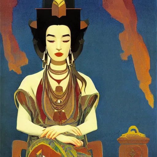 Image similar to an illustration of a fair skin with dark curly stylised hair queen on an ivory throne, by nicholas roerich, by frank frazetta by georgia o keeffe by frederick william elwell, by otomo, by hans emmenegger, by eyvind earle highly detailed, realistic, outline, line work, fantasy, oriental, stylised flat colors, animation