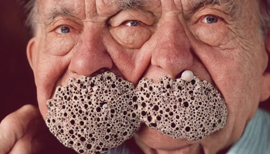 Image similar to 7 0 s movie still of a old man with trypophobia mouth, cinestill 8 0 0 t 3 5 mm, heavy grain, high quality, high detail