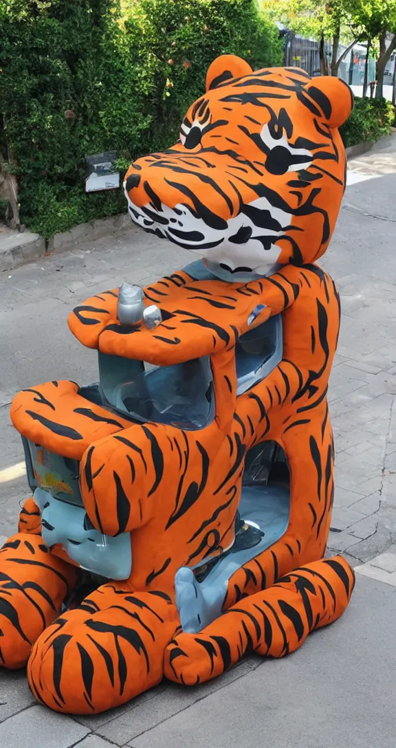 Image similar to a kiddie ride that looks like a tiger on the sidewalk