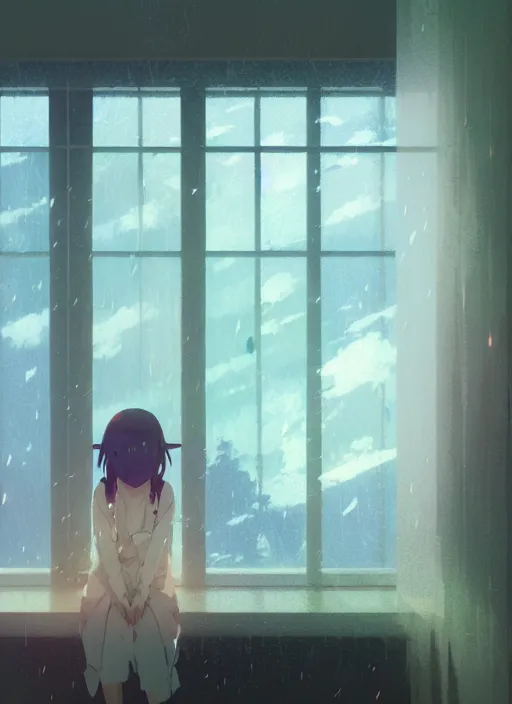 Prompt: interior, near the window, focus the window, rainy outside the room, illustration concept art anime key visual trending pixiv fanbox by wlop and greg rutkowski and makoto shinkai and studio ghibli