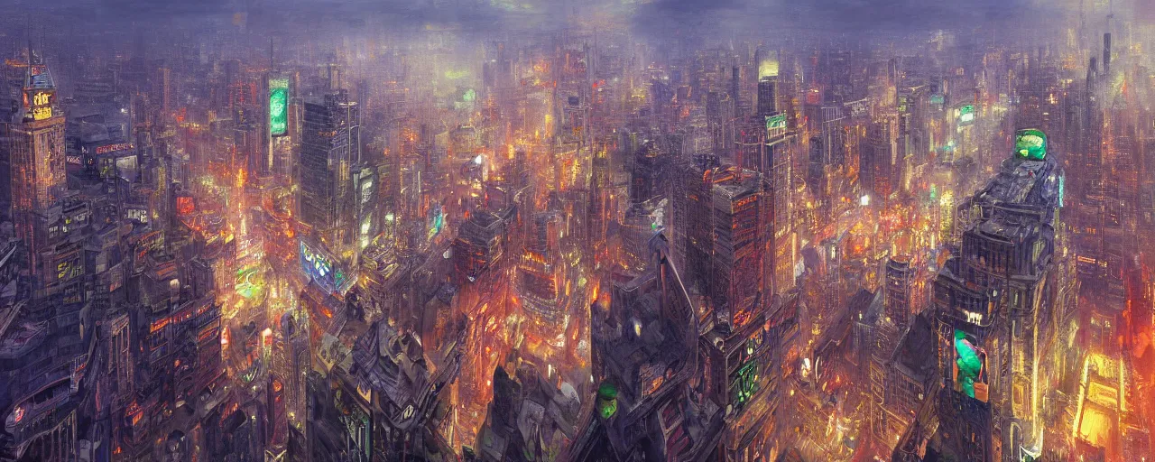 Prompt: A beautiful highly detailed epic painting of Times Square on the ocean's floor townscape, cool saturatured colors, caustics from the light coming down from above by greg rutkowski and thomas kinkade, panorama, Trending on artstation HD.