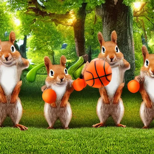 Image similar to three squirrels play basketball in a city park whilst a crowd of vegetables cheer from the side, realistic render