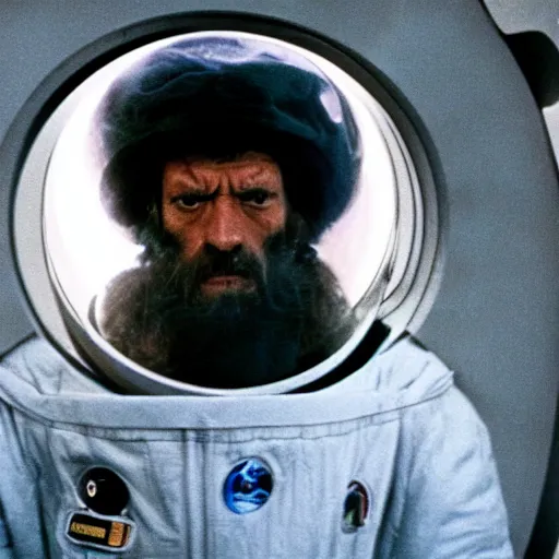 Prompt: a homeless man in Space Odyssey 2001, film still